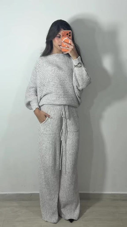 Conjunto Feminino de Tricot Mousse Premium Blusa Morcego e Calça Pantalona Casual Inverno