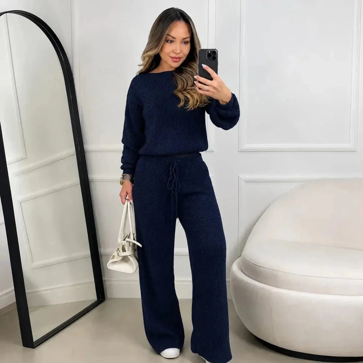 Kit 2 Conjuntos Feminino Canelado em Tricot (Blusa + Calça)